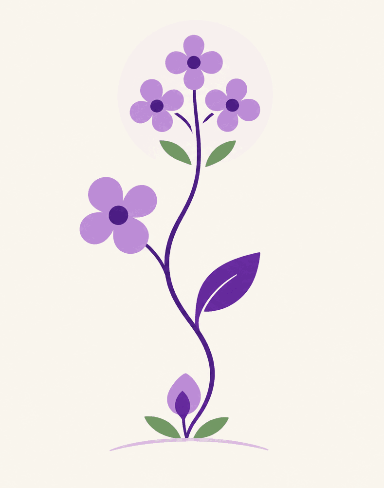 A stylized plant growing upward — bud at the base, one leaf branch, a single open flower, and a three-flower crown with a soft halo — the Solopreneur Maturity Model as one growing plant.