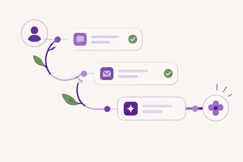 A growing vine connecting an avatar, a chat message, an email, a sparkle, and a flower endpoint — each waypoint a step on the customer journey, with leaves along the vine.