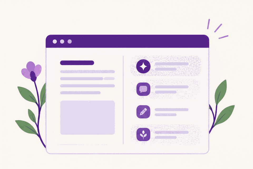 A content workspace — headline and paragraph on the left, a tool palette of four icons on the right — framed by flowering plants on either edge.